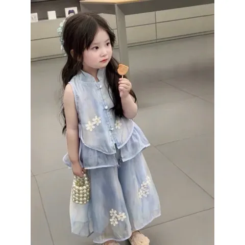 Quần áo bé gái, set bộ áo sát nách kèm quần ống suông chất tơ thêu hoa cho bé size 10-30kg
