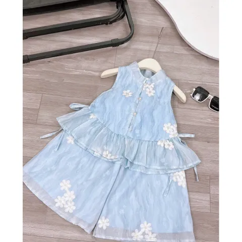 Quần áo bé gái, set bộ áo sát nách kèm quần ống suông chất tơ thêu hoa cho bé size 10-30kg