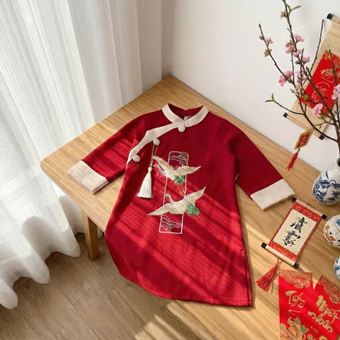 Áo dài cách tân cho bé, áo dài nhung lì thêu đôi chim hạc và 3 cúc ngực cho bé trai 10-30kg