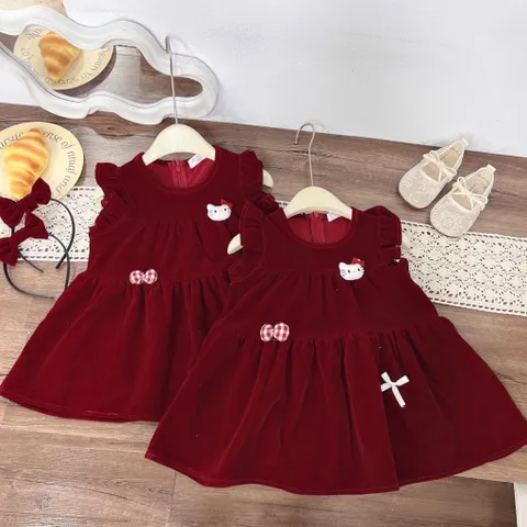 Váy cho bé gái, váy nhung đỏ Noel/ Tết ống tay cánh tiên kèm bờm cho bé gái 10-30kg