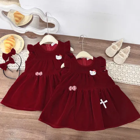 Váy cho bé gái, váy nhung đỏ Noel/ Tết ống tay cánh tiên kèm bờm cho bé gái 10-30kg