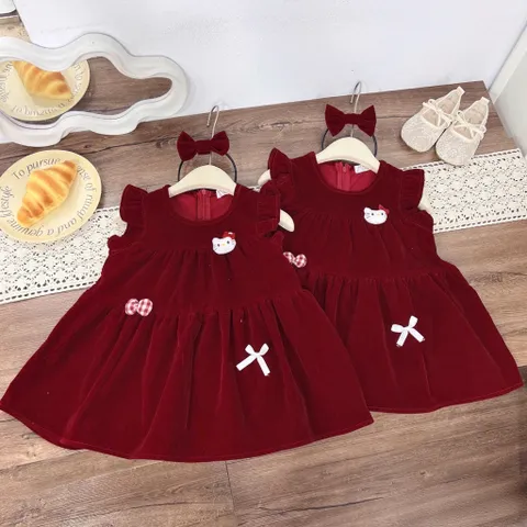 Váy cho bé gái, váy nhung đỏ Noel/ Tết ống tay cánh tiên kèm bờm cho bé gái 10-30kg