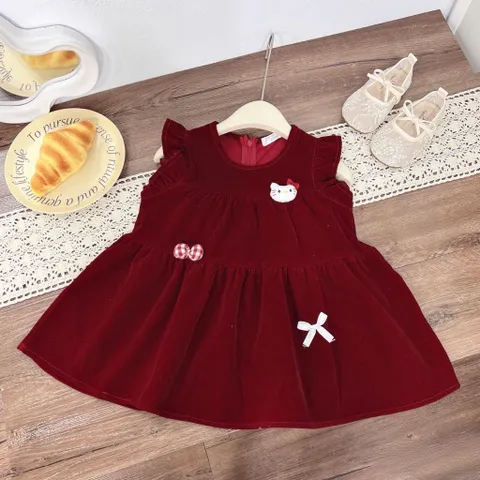 Váy cho bé gái, váy nhung đỏ Noel/ Tết ống tay cánh tiên kèm bờm cho bé gái 10-30kg