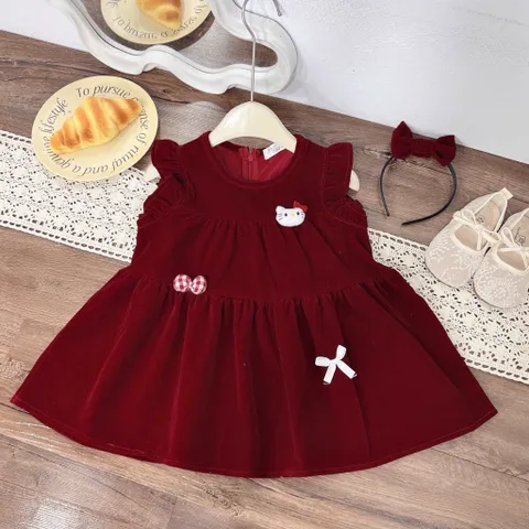 Váy cho bé gái, váy nhung đỏ Noel/ Tết ống tay cánh tiên kèm bờm cho bé gái 10-30kg