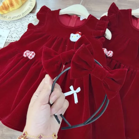 Váy cho bé gái, váy nhung đỏ Noel/ Tết ống tay cánh tiên kèm bờm cho bé gái 10-30kg