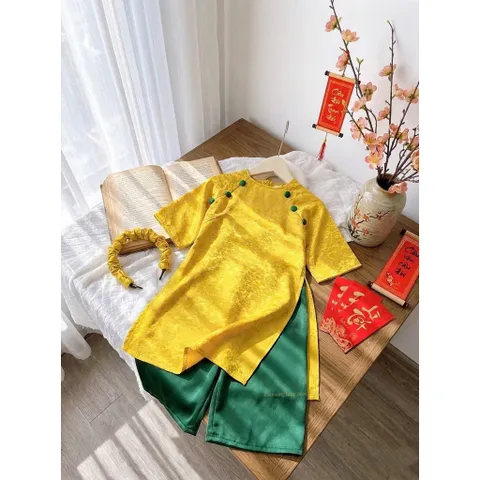 Áo dài cách tân cho bé gái, set 3ct áo dài lụa 6 cúc: bộ quàn áo và bờm cho bé 8-30kg