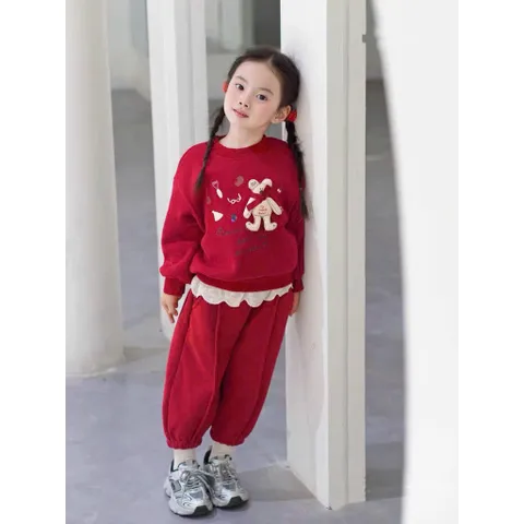 Quần áo thu đông bé gái, set bộ nỉ đỏ gấu nhồi bông quàng khăn siêu Hot Hit cho bé 8-26kg