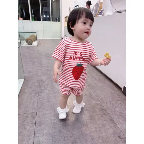 Quần áo bé gái, set bộ cộc tay chất cotton xước họa tiết IT’S SUMMER cho bé 8-27kg