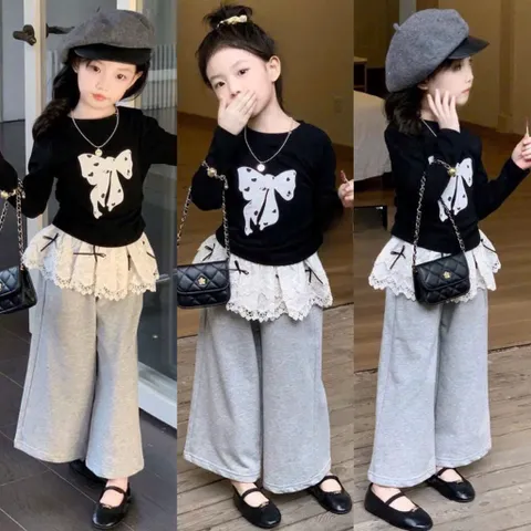 Quần áo bé gái, set áo thun hoạ tiết hình nơ kèm quần ống suông rộng cho bé 10-32kg