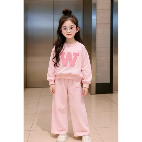 Loại 1- Quần áo thu đông bé gái, set bộ nỉ 2 da thêu đắp chữ W cho bé 10-35kg