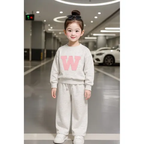 Loại 1- Quần áo thu đông bé gái, set bộ nỉ 2 da thêu đắp chữ W cho bé 10-35kg