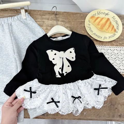 Quần áo bé gái, set áo thun hoạ tiết hình nơ kèm quần ống suông rộng cho bé 10-32kg