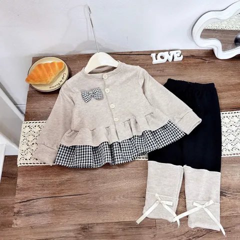 Quần áo thu đông bé gái, set áo len thỏ dáng Babydoll kèm quần legging cho bé gái (10–20kg)