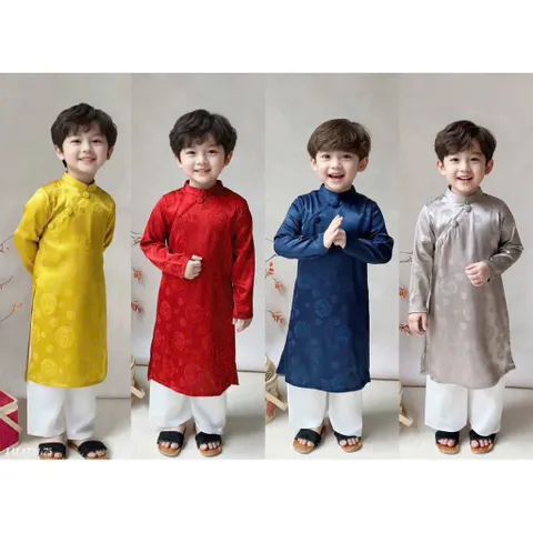 Áo dài cách tân bé trai, set áo dài gấm lụa cao cấp 4 màu cho bé 10-30kg