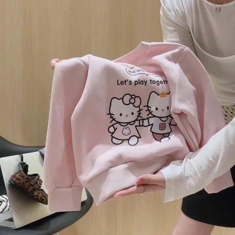 Quần áo thu đông bé gái, set bộ nỉ 2 da màu hồng pastel hoạ tiết nỉ Hello kitty cho bé 10-30kg