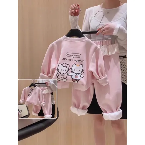 Quần áo thu đông bé gái, set bộ nỉ 2 da màu hồng pastel hoạ tiết nỉ Hello kitty cho bé 10-30kg