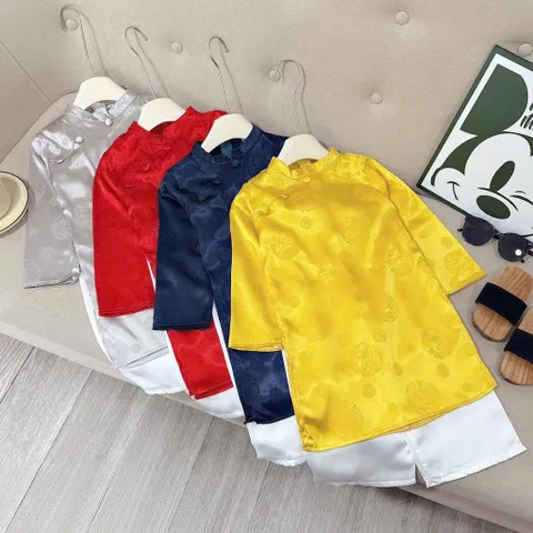 Áo dài cách tân bé trai, set áo dài gấm lụa cao cấp 4 màu cho bé 10-30kg