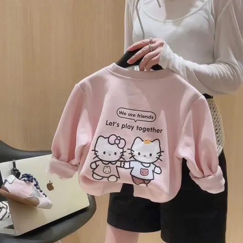 Quần áo thu đông bé gái, set bộ nỉ 2 da màu hồng pastel hoạ tiết nỉ Hello kitty cho bé 10-30kg