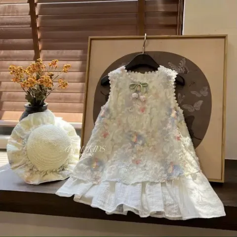 Váy cho bé gái, váy ren hoa loang dáng suông chữ A tặng kèm mũ cho bé gái 10-30kg
