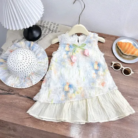 Váy cho bé gái, váy ren hoa loang dáng suông chữ A tặng kèm mũ cho bé gái 10-30kg