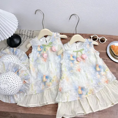 Váy cho bé gái, váy ren hoa loang dáng suông chữ A tặng kèm mũ cho bé gái 10-30kg