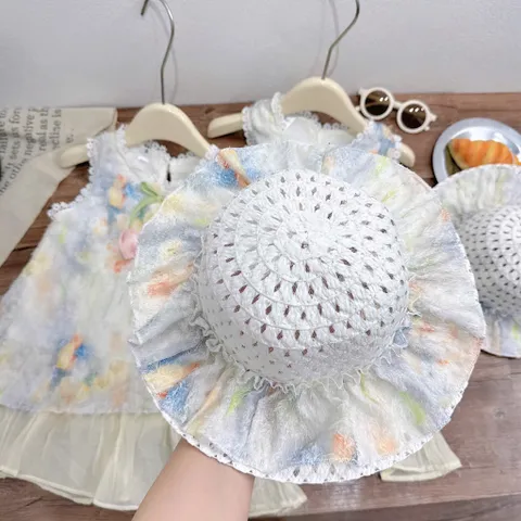 Váy cho bé gái, váy ren hoa loang dáng suông chữ A tặng kèm mũ cho bé gái 10-30kg