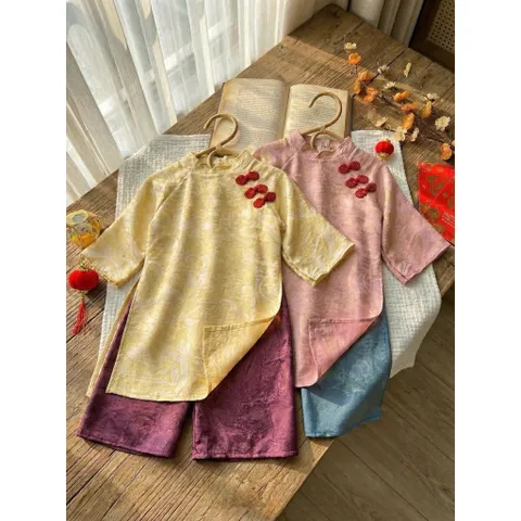 Áo dài cách tân cho bé gái, set áo dài tơ tằm ánh kim 3 cúc cách điệu cho bé 10-30kg