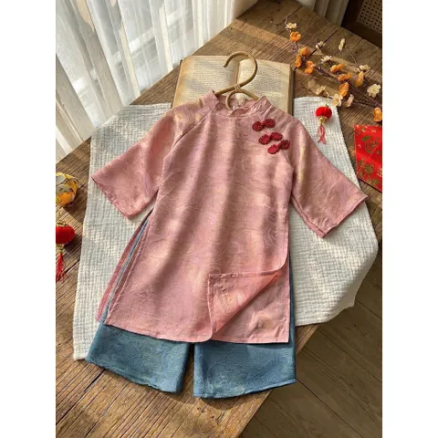 Áo dài cách tân cho bé gái, set áo dài tơ tằm ánh kim 3 cúc cách điệu cho bé 10-30kg