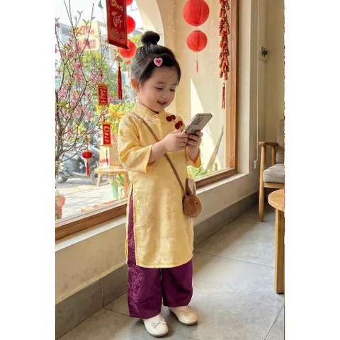 Áo dài cách tân cho bé gái, set áo dài tơ tằm ánh kim 3 cúc cách điệu cho bé 10-30kg