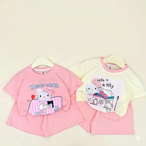 Quần áo bé gái, set bộ cộc tay chất cotton mèo Hello Kitty Hẻmcat siêu dễ thương cho bé 10-30kg