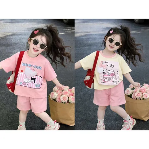 Quần áo bé gái, set bộ cộc tay chất cotton mèo Hello Kitty Hẻmcat siêu dễ thương cho bé 10-30kg