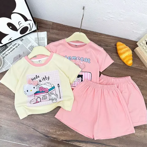 Quần áo bé gái, set bộ cộc tay chất cotton mèo Hello Kitty Hẻmcat siêu dễ thương cho bé 10-30kg