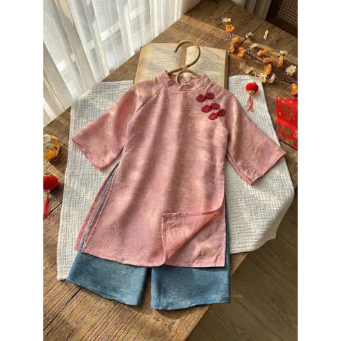Áo dài cách tân cho bé gái, set áo dài tơ tằm ánh kim 3 cúc cách điệu cho bé 10-30kg