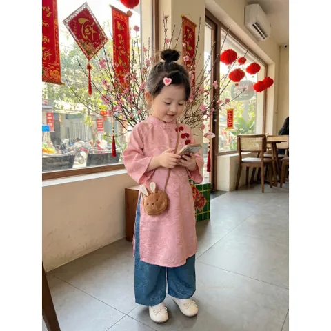 Áo dài cách tân cho bé gái, set áo dài tơ tằm ánh kim 3 cúc cách điệu cho bé 10-30kg