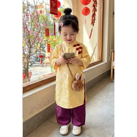 Áo dài cách tân cho bé gái, set áo dài tơ tằm ánh kim 3 cúc cách điệu cho bé 10-30kg