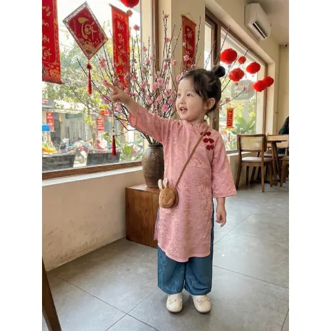 Áo dài cách tân cho bé gái, set áo dài tơ tằm ánh kim 3 cúc cách điệu cho bé 10-30kg