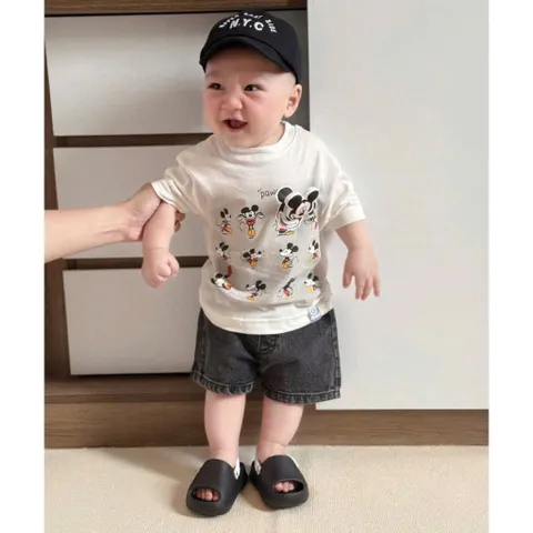 Set bộ bé trai Mickey cotton loại 1 kèm quần Short Jean mềm mại, đồ bộ trẻ em mùa hè cho bé 9-24kg