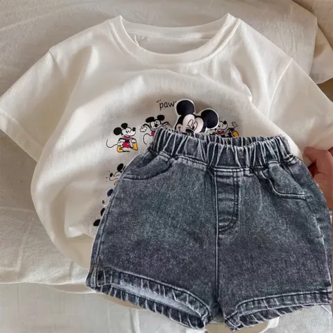 Set bộ bé trai Mickey cotton loại 1 kèm quần Short Jean mềm mại, đồ bộ trẻ em mùa hè cho bé 9-24kg