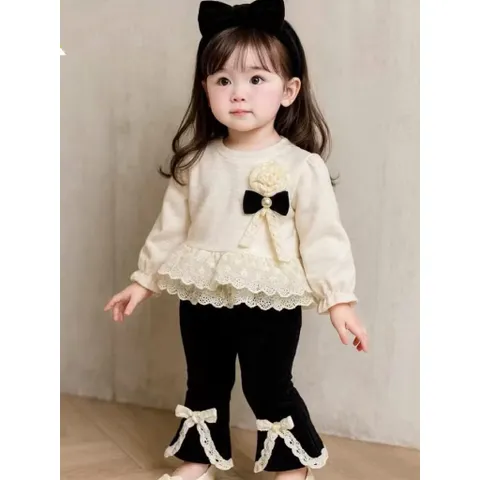 Quần áo thu đông bé gái, Set bộ len thỏ dáng Babydoll gắn hoa cao cấp cho bé gái (8–30kg)