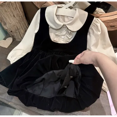 Váy cho bé gái, set áo sơ mi cổ sen kèm váy yếm nhung dáng bí siêu xinh cho bé 10-30kg
