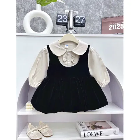 Váy cho bé gái, set áo sơ mi cổ sen kèm váy yếm nhung dáng bí siêu xinh cho bé 10-30kg