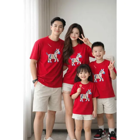 Áo phông gia đình, áo cotton đỏ hoạ tiết ngựa vằn năng động, nổi bật, gắn kết yêu thương size 8-80kg