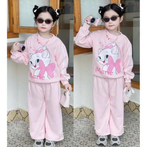 Quần áo thu đông bé gái, set bộ nỉ 2 da loại 1 mèo Marie cho bé 13-33kg