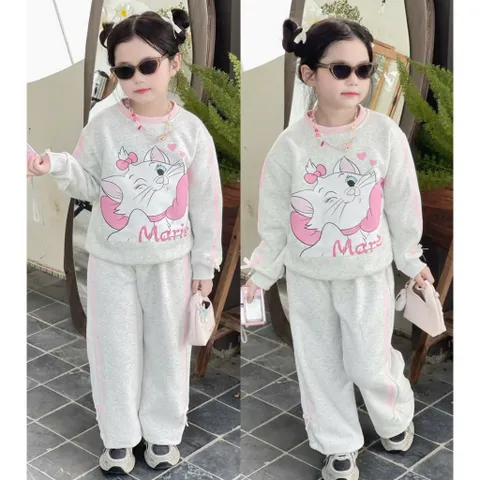 Quần áo thu đông bé gái, set bộ nỉ 2 da loại 1 mèo Marie cho bé 13-33kg