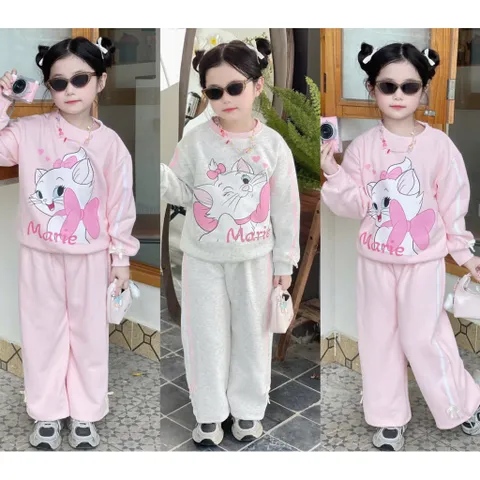 Quần áo thu đông bé gái, set bộ nỉ 2 da loại 1 mèo Marie cho bé 13-33kg