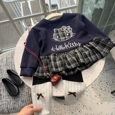 Quần áo thu đông bé gái, set áo nỉ Babydoll thêu mèo kẻ xanh kèm quần legging cho bé 10-23kg