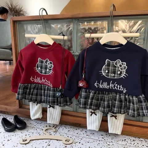 Quần áo thu đông bé gái, set áo nỉ Babydoll thêu mèo kẻ xanh kèm quần legging cho bé 10-23kg