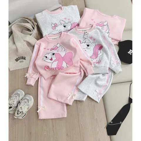 Quần áo thu đông bé gái, set bộ nỉ 2 da loại 1 mèo Marie cho bé 13-33kg