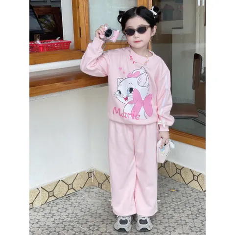 Quần áo thu đông bé gái, set bộ nỉ 2 da loại 1 mèo Marie cho bé 13-33kg