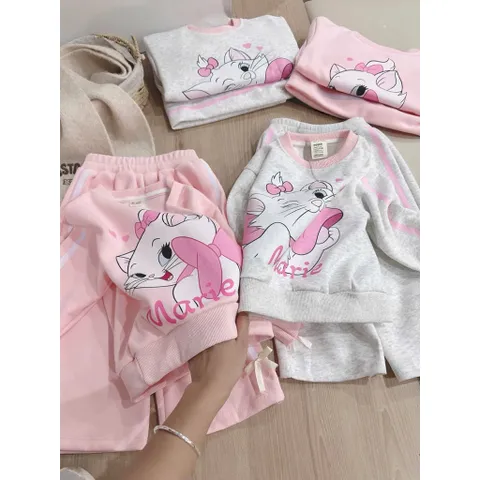Quần áo thu đông bé gái, set bộ nỉ 2 da loại 1 mèo Marie cho bé 13-33kg